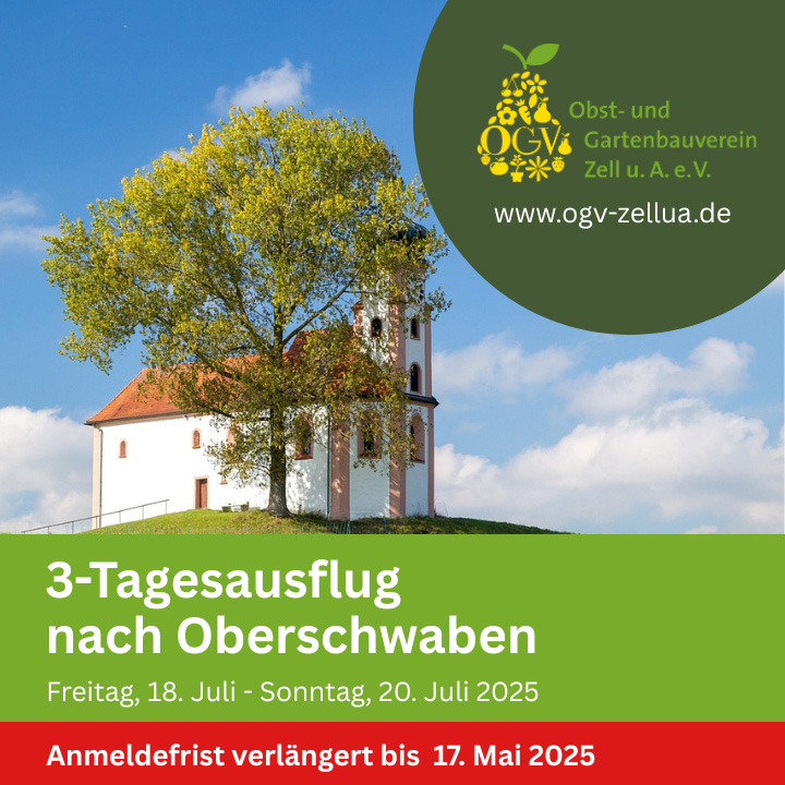 Teaser-Bild zum 3-TAGES-AUSFLUG Oberschawaben vom 18. bis 20. Juli 2025 vom OGV Zell u. A.